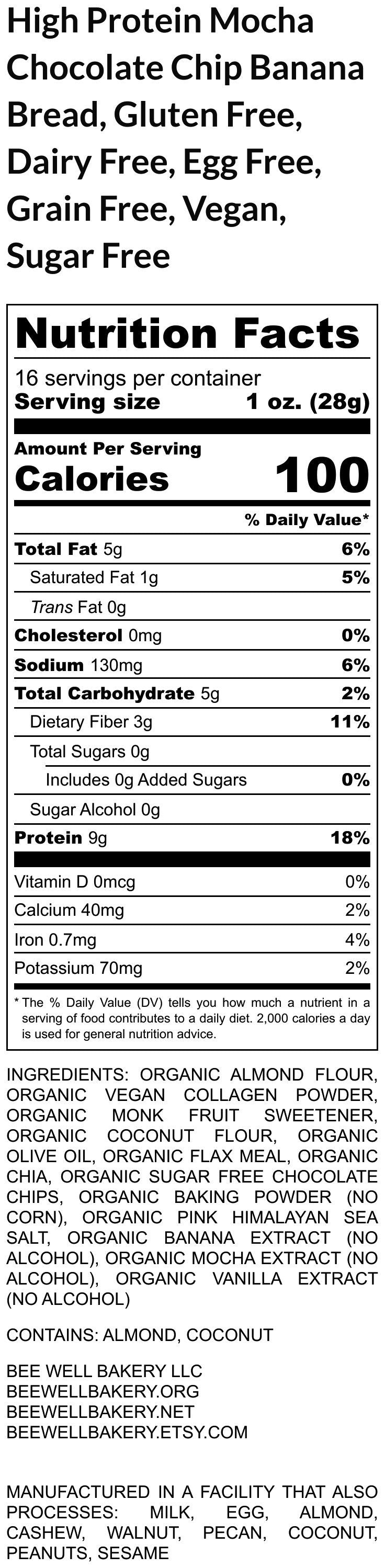 High Protein Banana Bread, Mocha Chip, Gluten Free, Dairy Free, Nut Free, Healthy Snack, Anabolic, Fitness Gifts, Vegan Collagen, Sugar Free