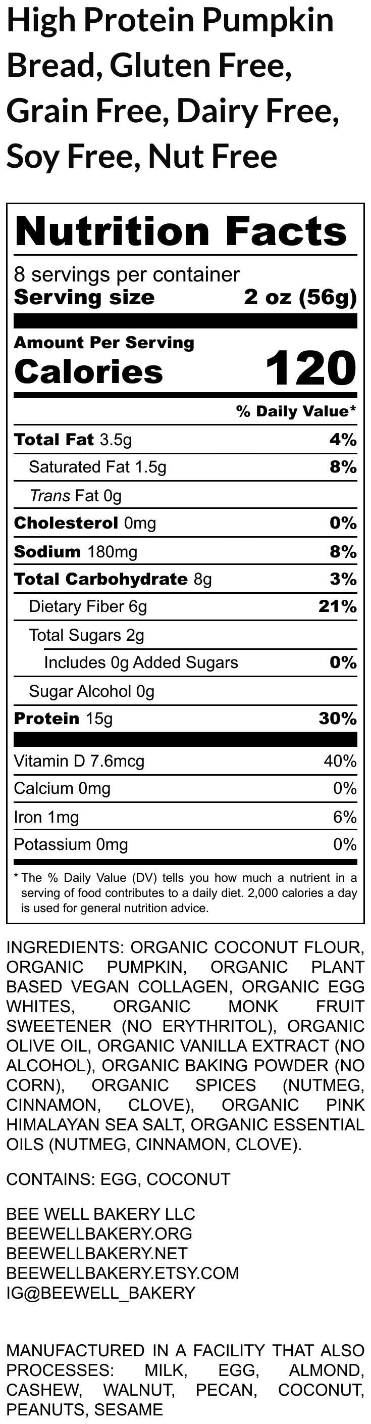 High Protein Pumpkin Bread, Sugar Free, Grain Free, Gluten Free, Dairy Free, Nut Free, Low Carb, Healthy Snack, Fitness Gift, Low Fat, Fiber
