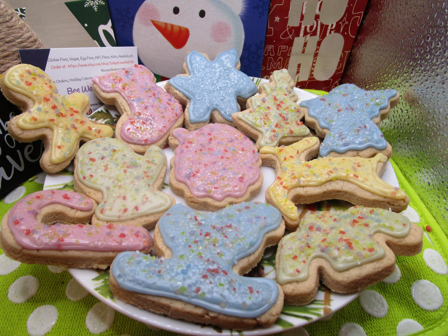 Sugar Free Cookies, Iced, Christmas, Gluten Free, Egg Free, Dairy Free, Vegan, Nut Free, Holiday Gifts, Low calorie, Healthy Snack