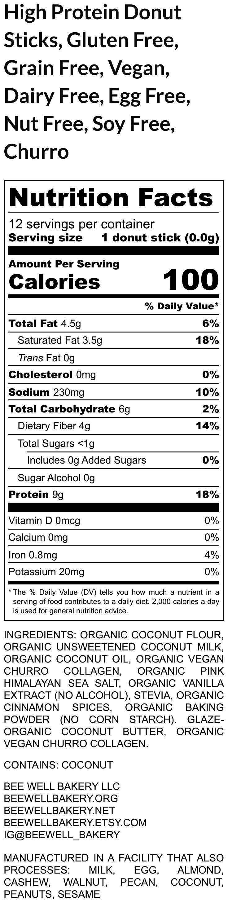 High Protein Donut Stick, Churro Cinnamon, Sugar Free, Gluten Free, Dairy Free, KETO, Vegan Collagen, Fitness Gift, Low Carb Snack, Nut Free