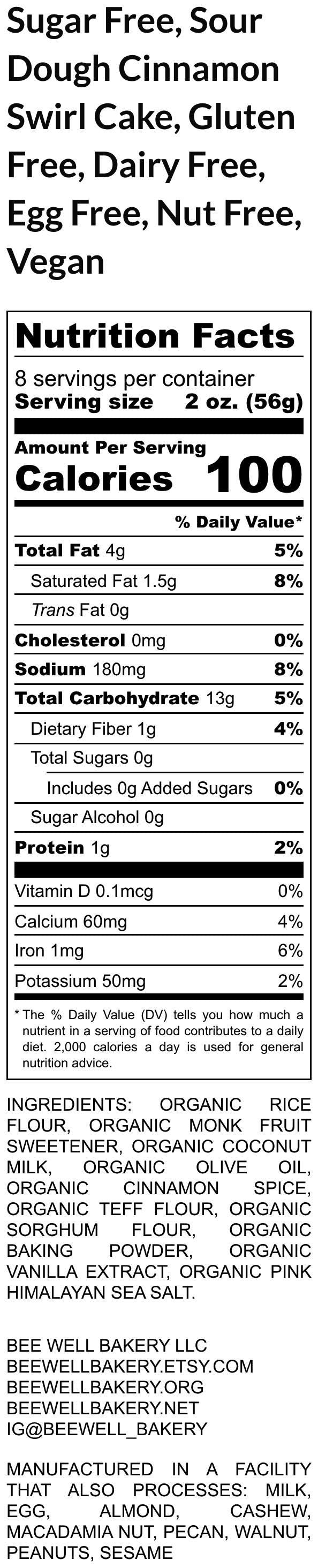Sugar Free Sourdough Cake, Cinnamon Swirl, Gluten Free, Dairy Free, Egg Free, Vegan, Nut Free, Yeast Free, Birthday Gift, Holiday Dessert