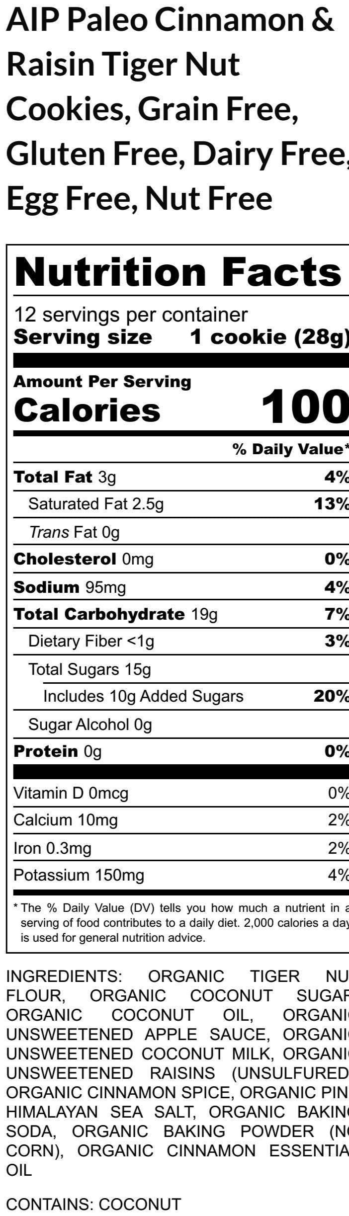 AIP Paleo Cinnamon & Raisin Cookie, Grain Free, Gluten Free, Dairy Free, Egg Free, Autoimmune Protocol, Wellness Gift, Soft Baked, Tiger Nut