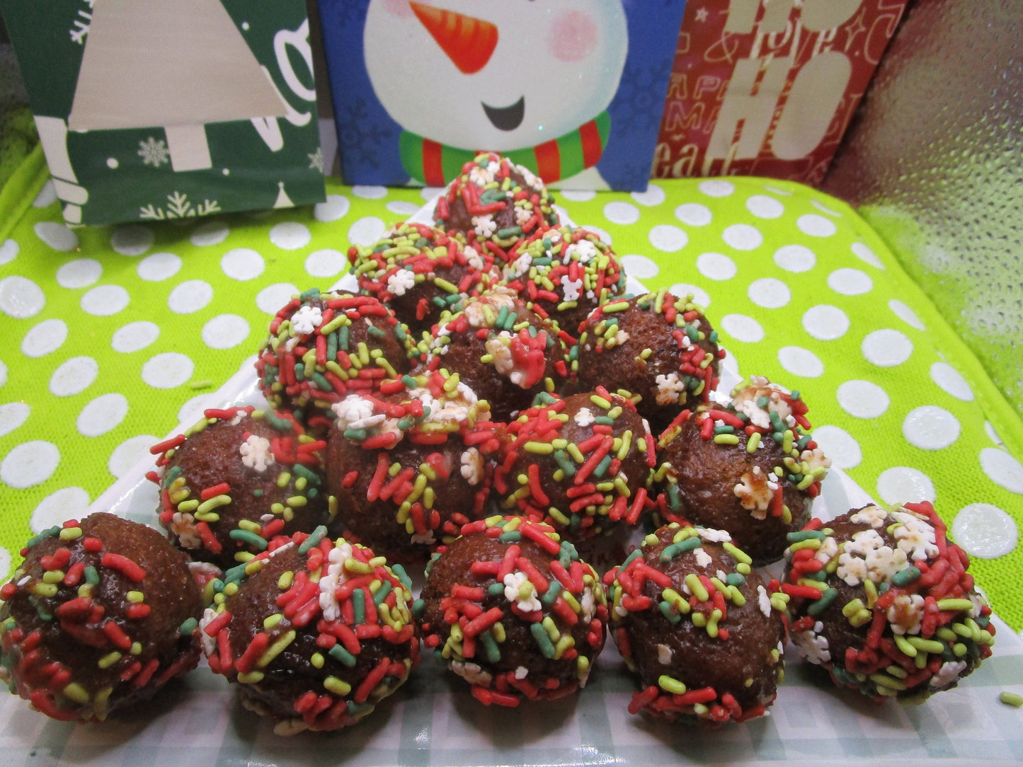 Munchkins, Gluten Free, Dairy Free, Egg Free, Glazed, Christmas Donut Holes, Nut Free, Oat Free, School Safe, Classroom Party, Vanilla, Choc