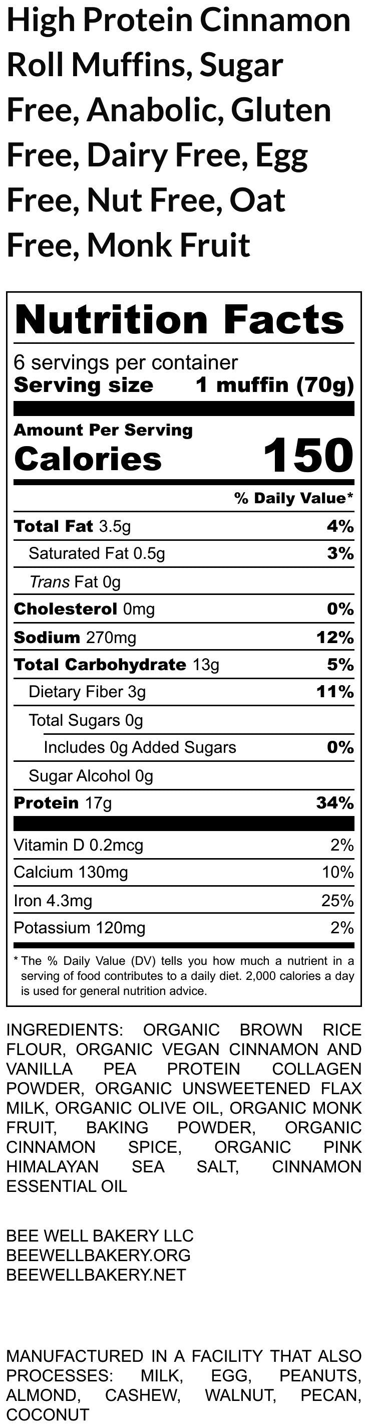 High Protein Muffins, Cinnamon Roll, Anabolic, Gluten Free, Dairy Free, Egg Free, Vegan, Sugar Free, No refined Sugar, Monk Fruit, Collagen