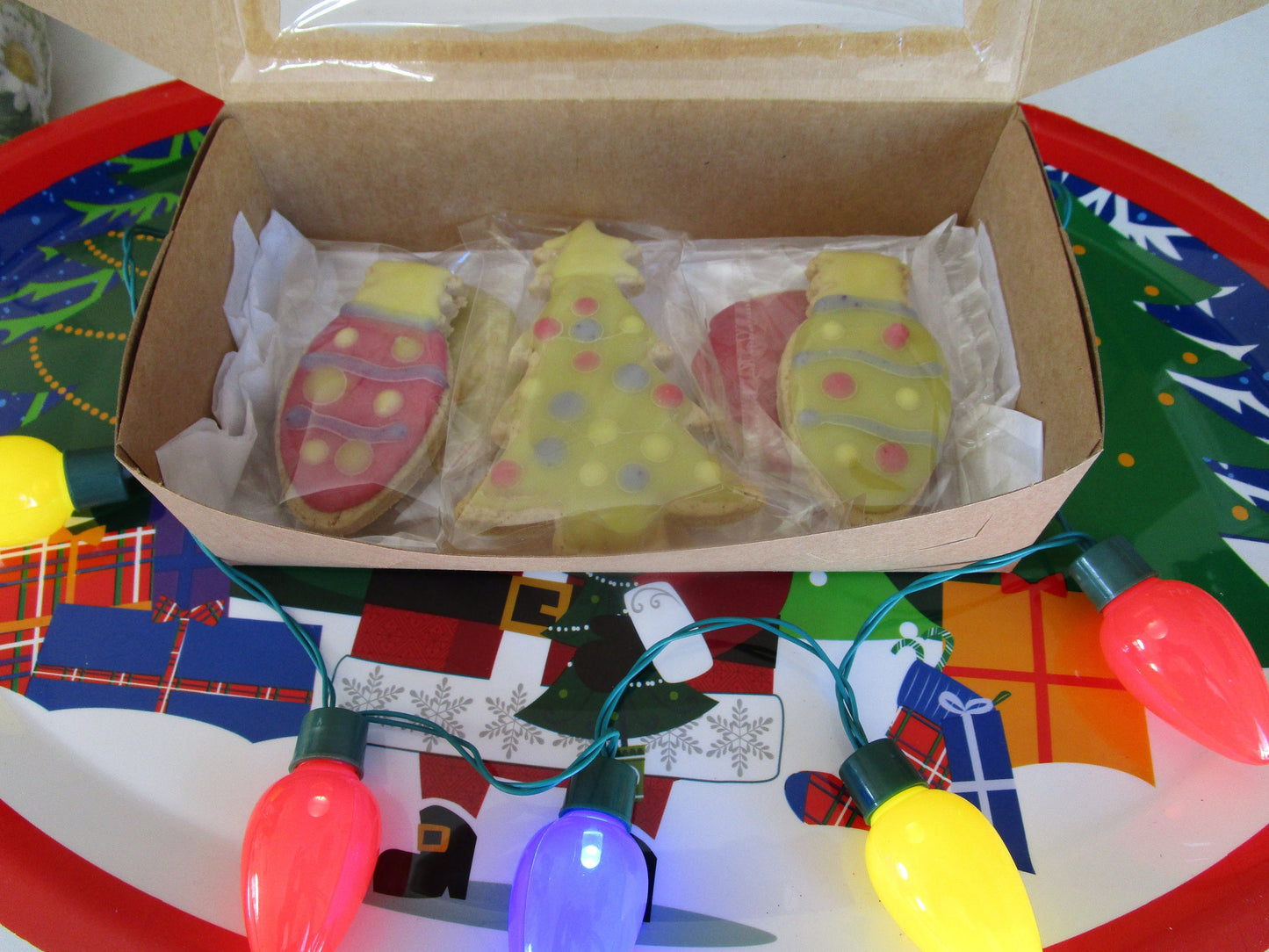 Gluten Free Iced Sugar Cookies, Christmas Tree and Holiday Lights, Dairy Free, Egg Free, Vegan, Nut Free, Cookie Exchange, School Safe Treat