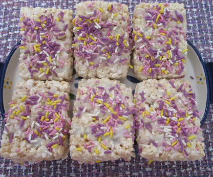 Gluten Free Rice Crispy Treats, Dairy Free, Vegan, Natural Sprinkles, Peanut Free, School Safe snacks, Valentine Exchanges, Easter Basket