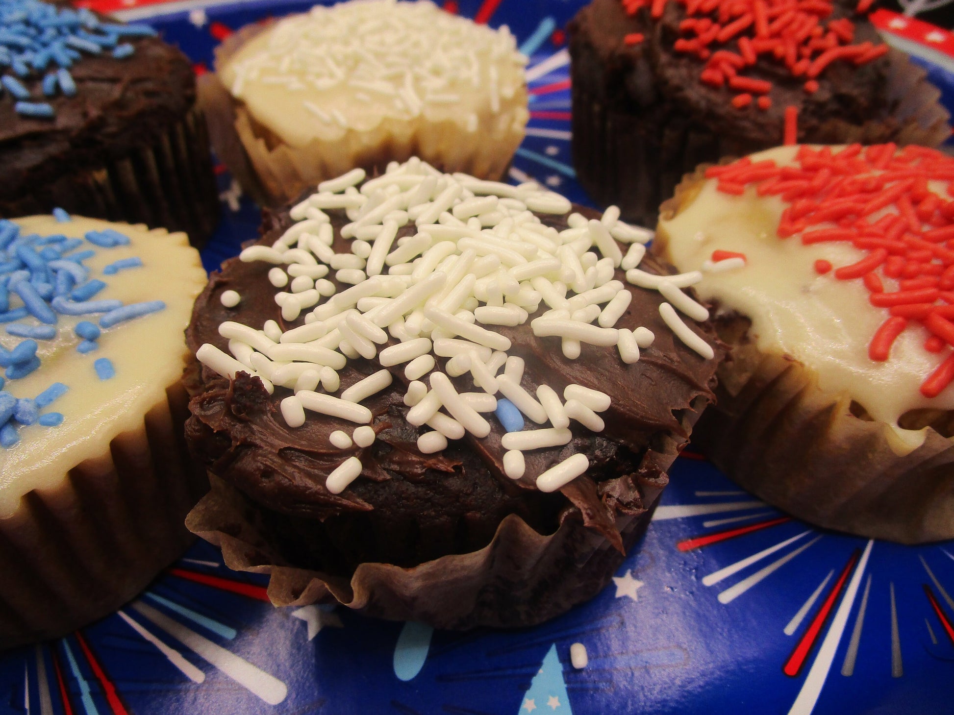 Red, White & Blue Gluten Free Cupcakes, Vanilla, Chocolate, Dairy Free, Egg Free, Vegan, Nut Free, July 4th Dessert, Flag Day, Olympics, USA