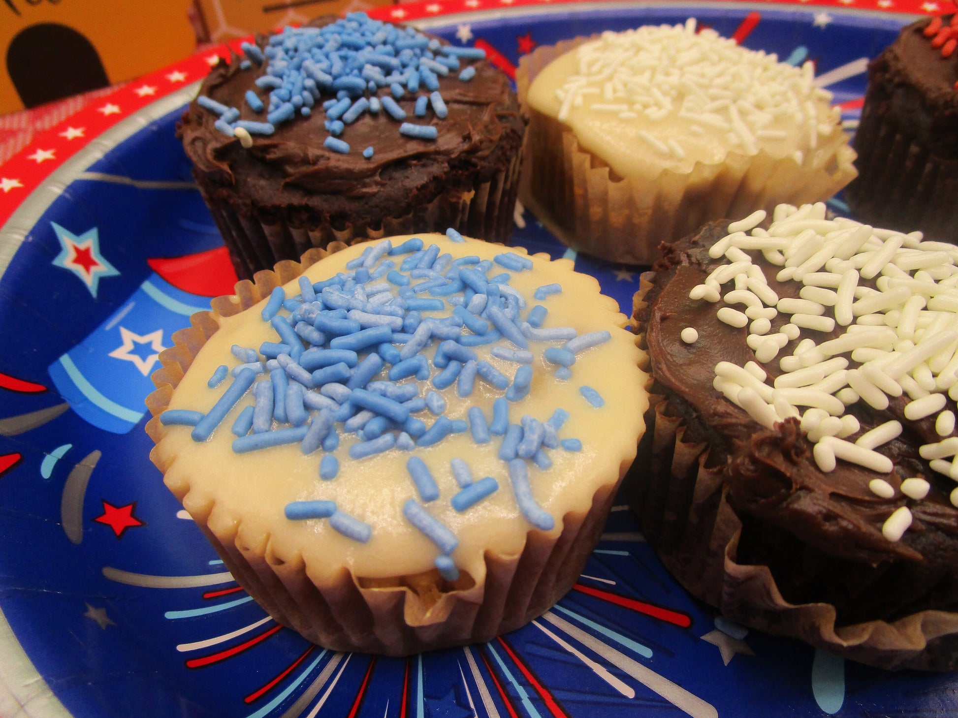 Red, White & Blue Gluten Free Cupcakes, Vanilla, Chocolate, Dairy Free, Egg Free, Vegan, Nut Free, July 4th Dessert, Flag Day, Olympics, USA