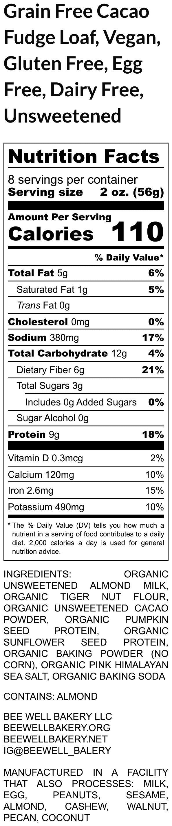 Grain Free Cacao Fudge Loaf, Paleo, Vegan, Gluten Free, Dairy Free, Egg free, Unsweetened, Low Carb, Plant based, Healthy, Protein Enriched