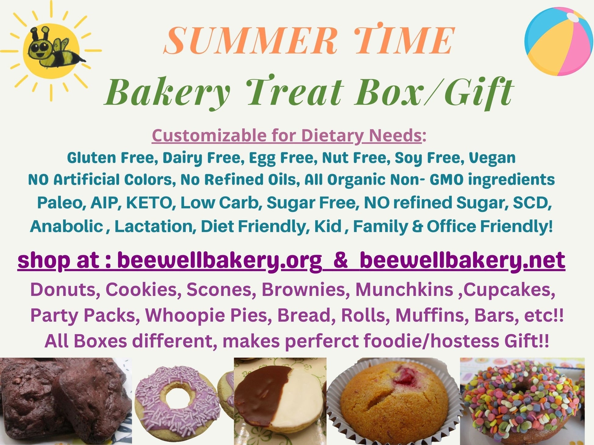 Sampler, Bakery Box, Summer Sweets, Gluten Free, Dairy Free, Vegan, Sugar Free, Keto, High Protein, AIP Paleo, Cookies, Brownie, Donut, Cake