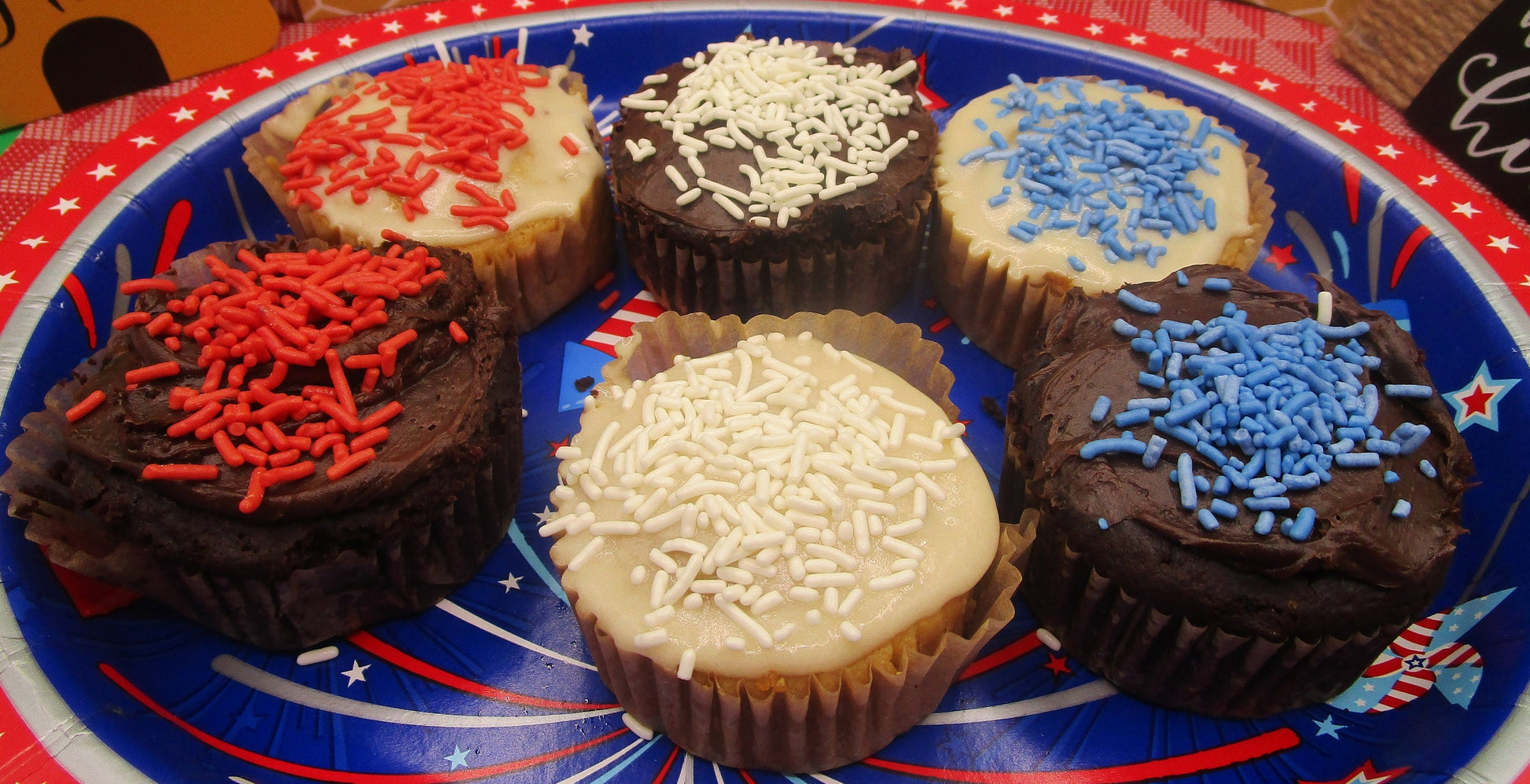 Red, White & Blue Gluten Free Cupcakes, Vanilla, Chocolate, Dairy Free, Egg Free, Vegan, Nut Free, July 4th Dessert, Flag Day, Olympics, USA