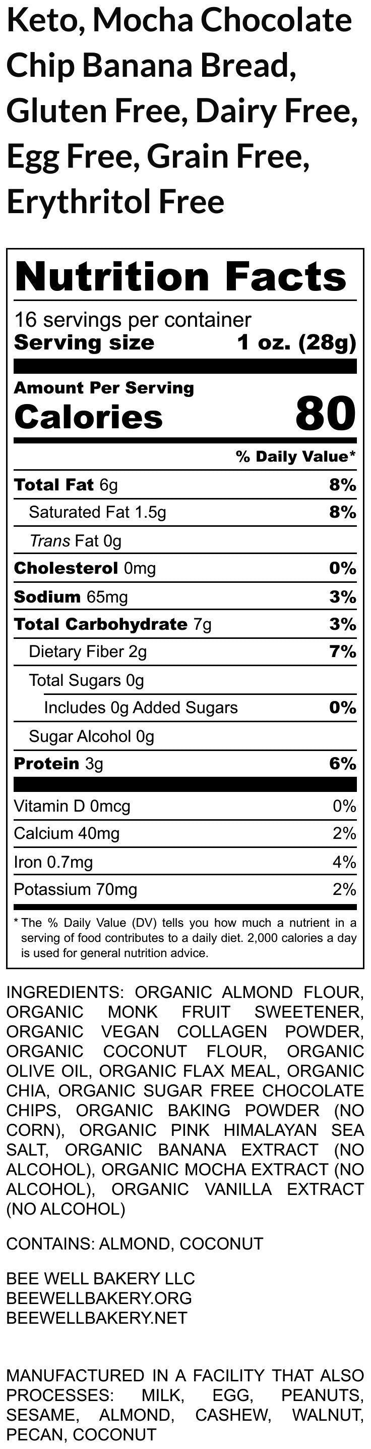 Grain Free Mocha Chip Banana Bread, KETO, Gluten Free, Vegan Collagen, Dairy Free, Sugar free, Wellness Gift, Healthy Breakfast, Travel Food