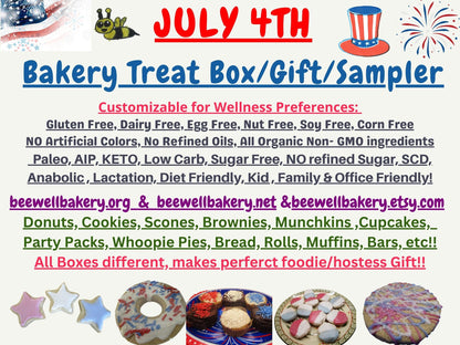 Fourth of July Gift, Bakery Box, Gluten Free, Dairy Free, Egg Free, Vegan, KETO, High Protein, AIP Paleo, Organic, Brownies, Cookies, Donuts