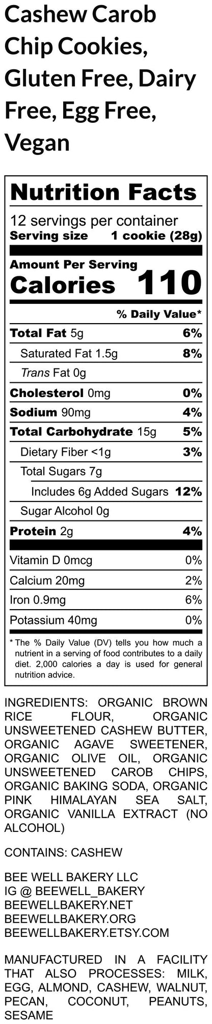 Gluten Free Cashew Cookies, Carob Chip, Vegan, Egg Free, Dairy Free, Healthy Snacks, Fitness, Agave Sugar, Soft & Chewy, Lunch Box Essential