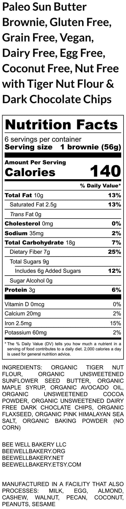 Gluten Free Brownie, Grain Free, Sun butter, Vegan, Dairy Free, Egg Free, Nut Free, Dark Chocolate, Healthy Snacks, Birthday Gift, Lunch Box