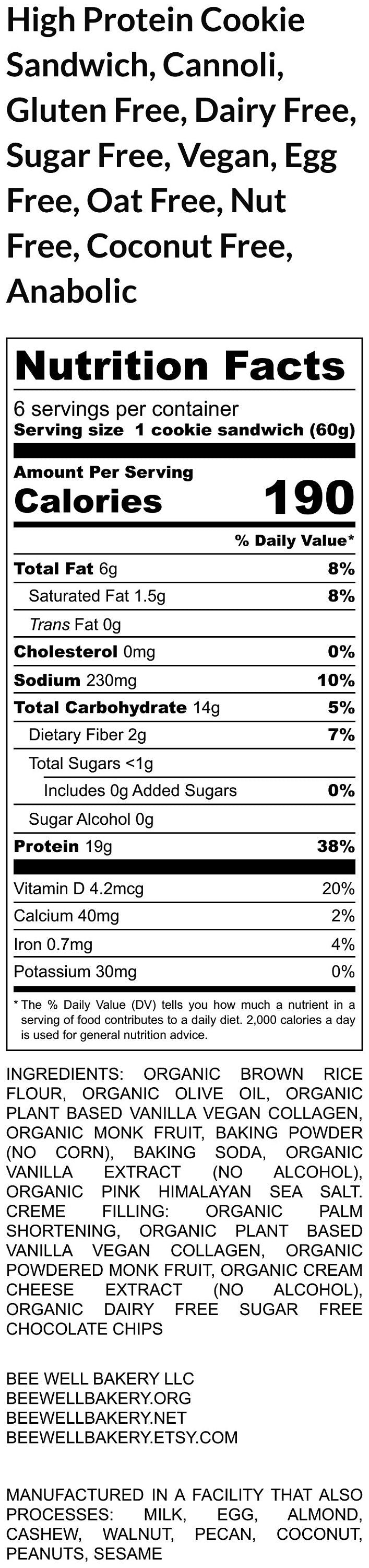 High Protein Cookie Sandwich, Cannoli, Gluten Free, Sugar Free, Dairy Free, Egg Free, Coconut Free, Vegan Collagen, Fitness Snack, Anabolic