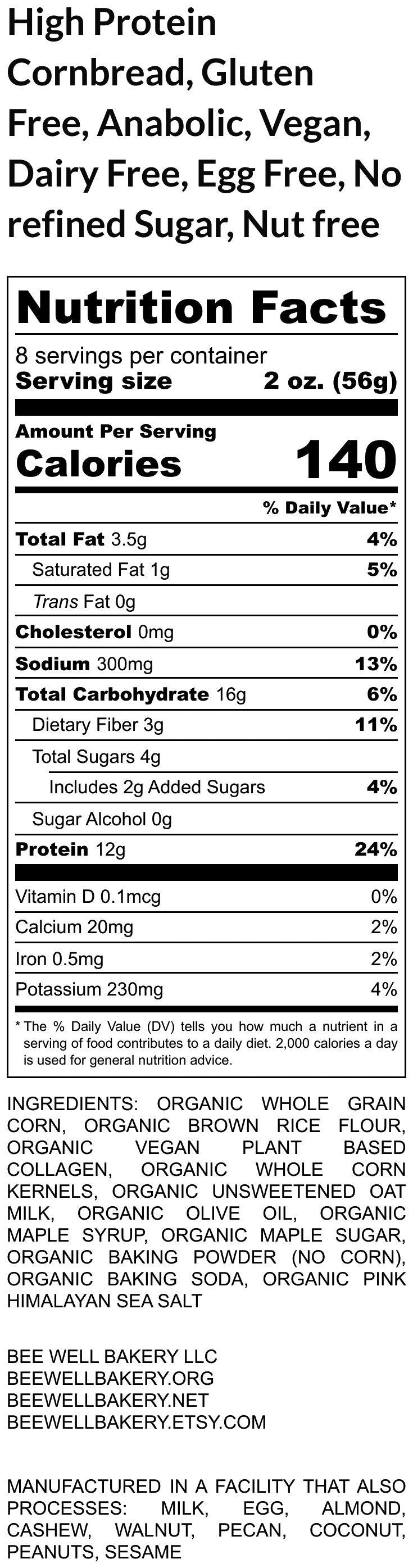 High Protein Cornbread, Gluten Free, Corn Muffin, Dairy Free, Vegan, Nut Free, Healthy Snack, Anabolic, Non-GMO, BBQ Sides, Southern Food