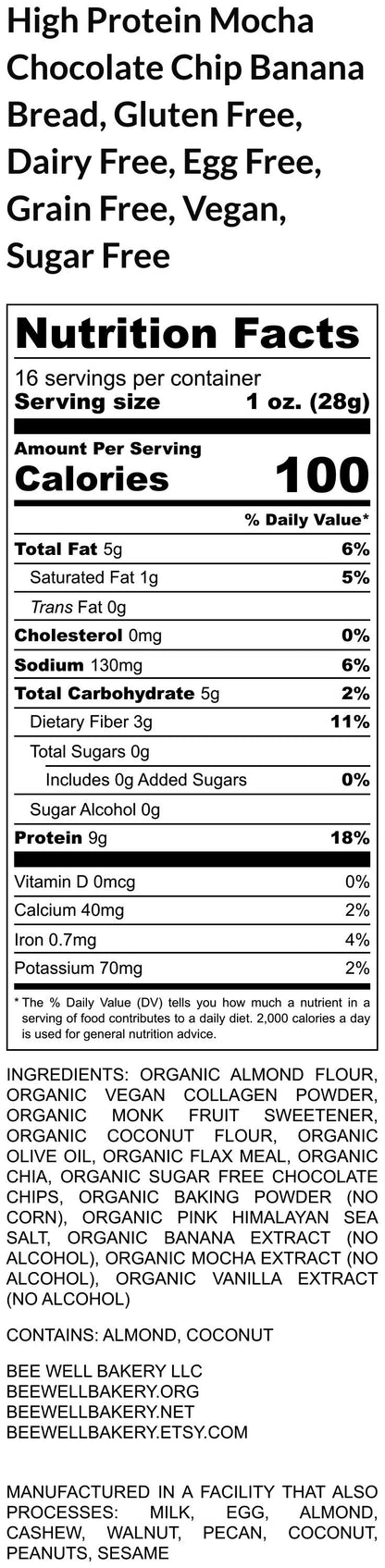 High Protein Banana Bread, Mocha Chip, Gluten Free, Dairy Free, Nut Free, Healthy Snack, Anabolic, Fitness Gifts, Vegan Collagen, Sugar Free