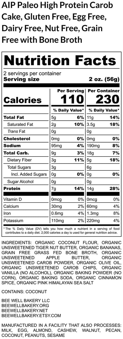 AIP Paleo Carob Cake, High Protein, Tiger Nut Flour, Grain Free, Bone Broth, Gluten Free, Hashimoto, Autoimmune Protocol, Healthy Gift