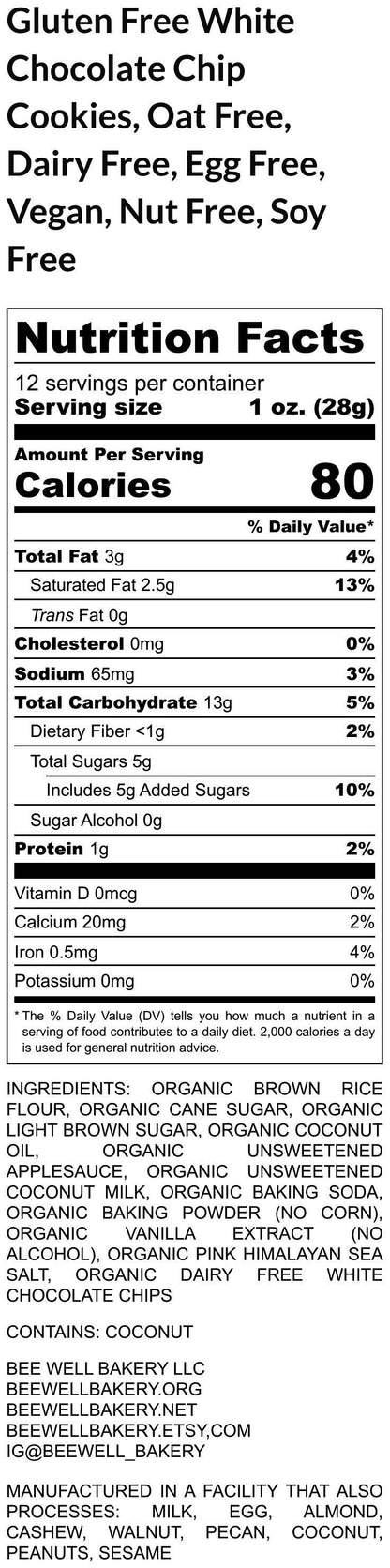 Gluten Free Cookies, White Chocolate Chip, Dairy Free, Egg Free, Nut Free, Class Party, Birthday Gifts, Vegan, Low Sugar, Low fat, oat free