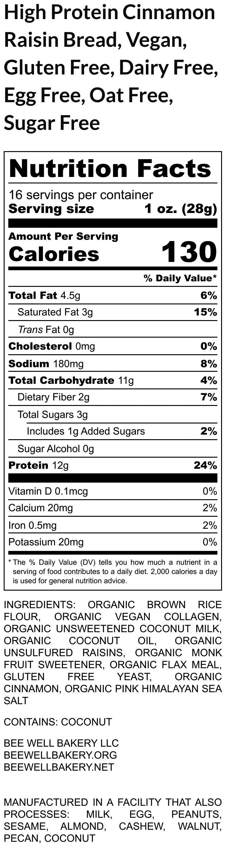 High Protein Cinnamon Raisin Bread, Gluten Free, Dairy Free, Egg Free, Nut Free, Soy Free, Anabolic, Sugar Free, Vegan or Bovine Collagen