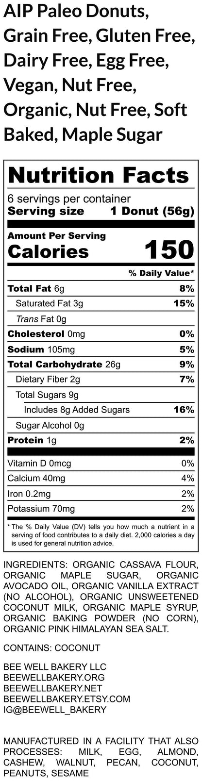 AIP Paleo Donuts, Grain Free, Gluten Free, Dairy Free, Vegan, Soft baked, Maple Sugar, Nut Free, Low FODMAP, Low Sugar snack, Wellness Gift