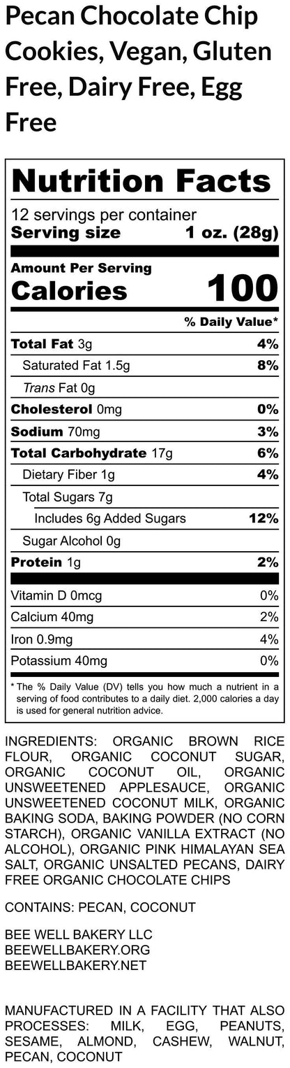 Gluten Free Pecan Chocolate Chip Cookies, Dairy Free, Egg Free, Vegan, Low Sugar, Oat Free, Birthday Gift, Valentine's Day, Organic Bakery