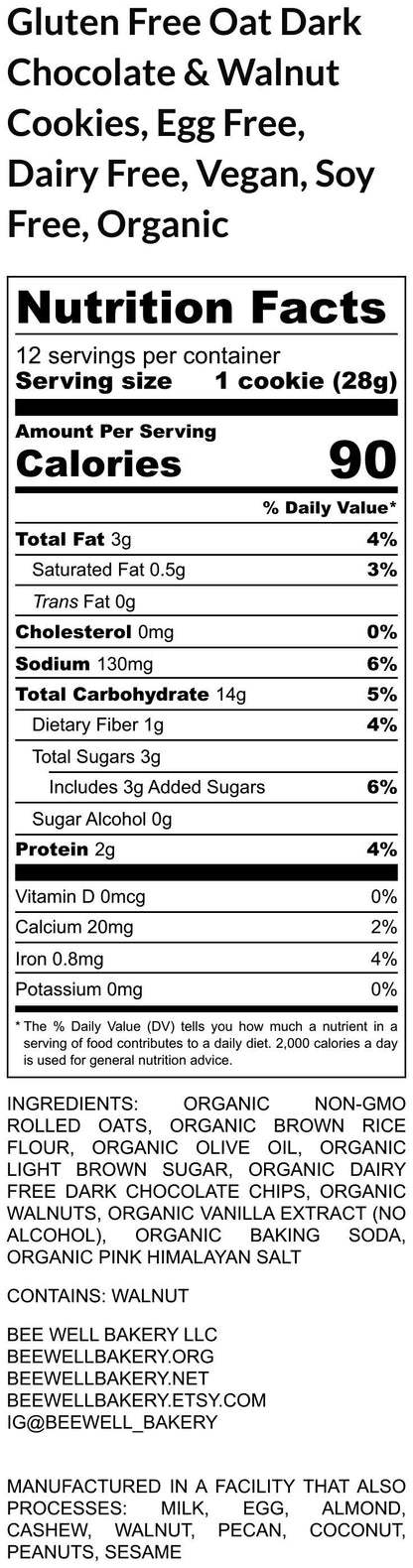 Gluten Free Cookies, Oat Dark Chocolate & Walnut, Dairy Free, Egg Free, Vegan, Low Sugar, Low Fat, Birthday, Valentines Day Gift, Soy Free