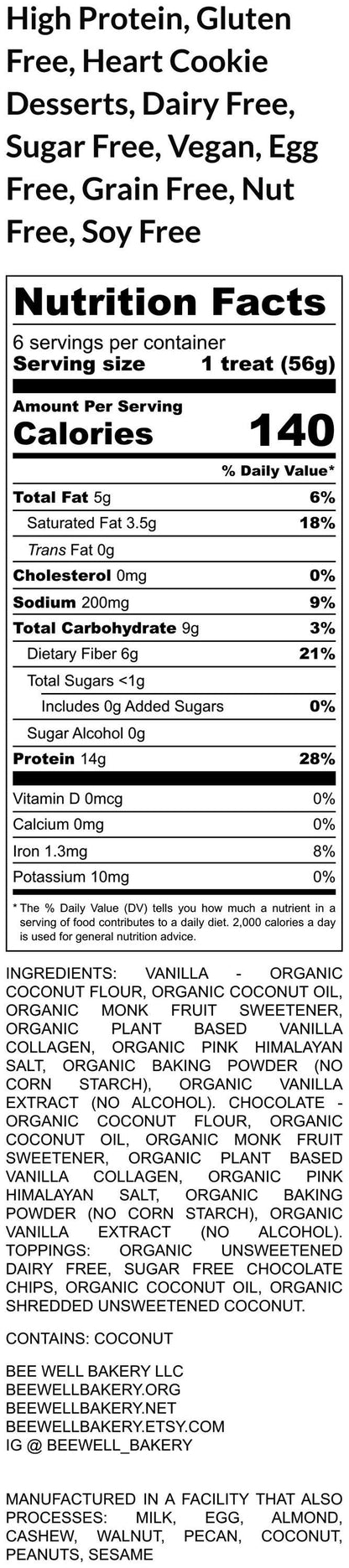 High Protein Cookie Desserts, Heart, Gluten Free, Dairy Free, Sugar free, Egg Free, Nut Free, Vegan Collagen, Low Carb, Valentine's Day Gift