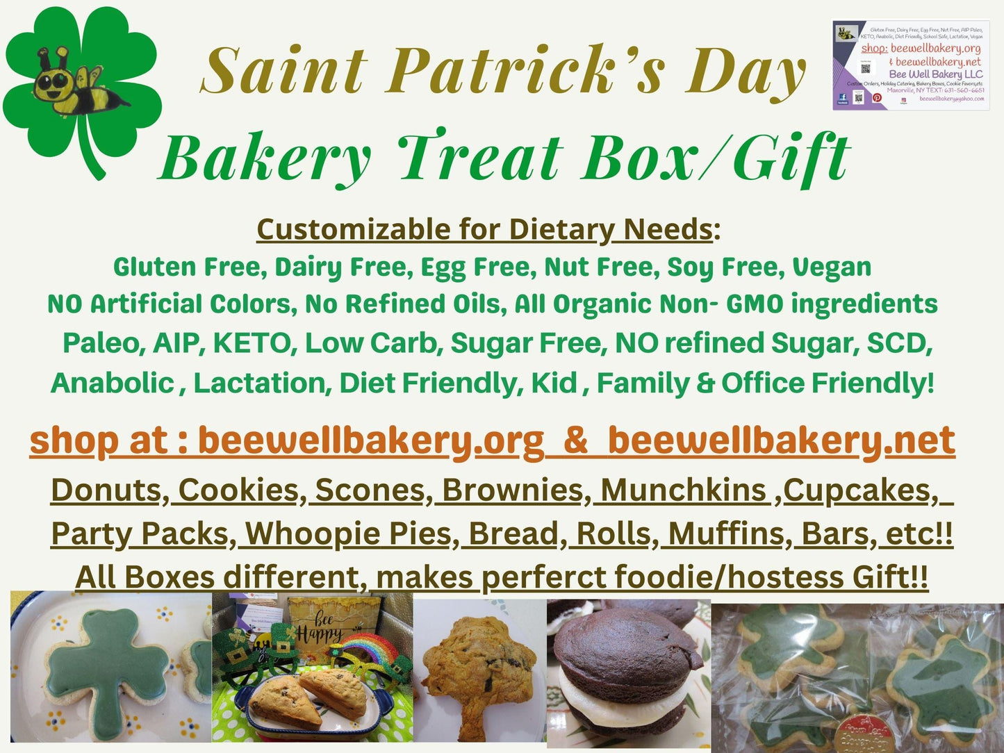 Gluten Free, Saint Patrick's Day Bakery Box, Dairy Free, Egg Free, Sugar Free, Keto, AIP Paleo, Love, Sweetheart gift, Donuts, Cake, Pastry