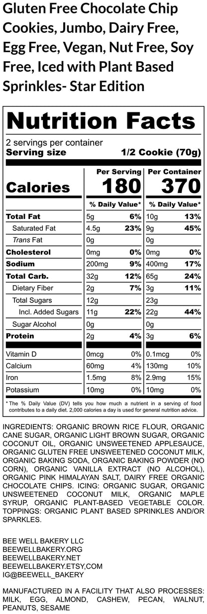 Gluten Free Chocolate Chip Cookie, Jumbo, Circles, Hearts, Dairy Free, Egg Free, Nut Free, Vegan, Birthday Favors, July 4th , Summer Snacks
