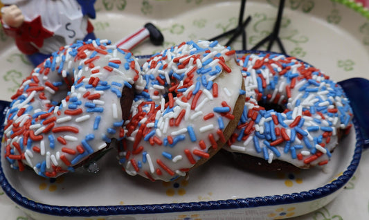 Gluten Free Donuts, Dairy Free, Egg Free, Nut Free, Vegan, July 4th Desserts, Natural Sprinkles, Red White Blue, Patriotic, USA Celebration