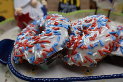 Gluten Free Donuts, Dairy Free, Egg Free, Nut Free, Vegan, July 4th Desserts, Natural Sprinkles, Red White Blue, Patriotic, USA Celebration