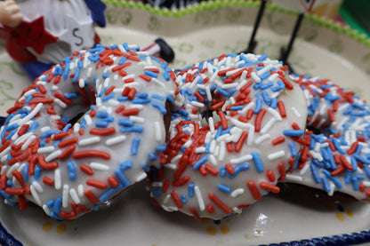 Gluten Free Donuts, Dairy Free, Egg Free, Nut Free, Vegan, July 4th Desserts, Natural Sprinkles, Red White Blue, Patriotic, USA Celebration