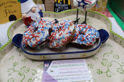 Gluten Free Donuts, Dairy Free, Egg Free, Nut Free, Vegan, July 4th Desserts, Natural Sprinkles, Red White Blue, Patriotic, USA Celebration