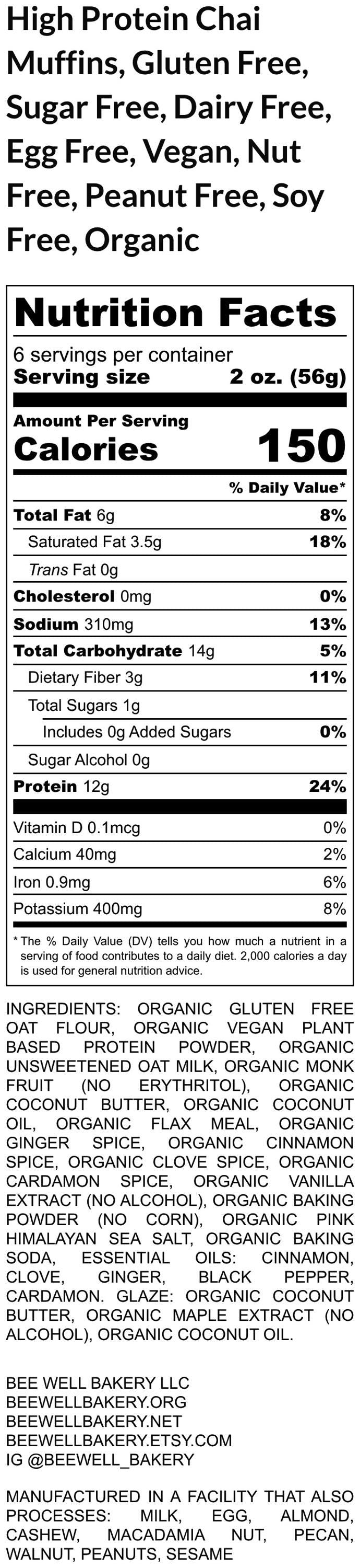 High Protein Muffins, Chai Tea, Gluten Free, Dairy Free, Sugar Free, Egg Free, Vegan, Nut Free, Allergy Friendly Bakery, Fitness snacks