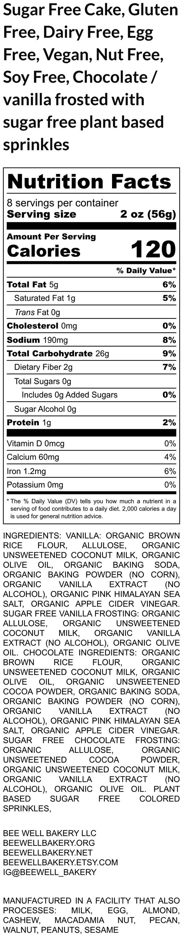 Birthday Cake, Sugar Free, Individual 7 inch, Gluten Free, Dairy Free, Vegan, Nut Free, Soy Free, Vanilla, or Chocolate, Natural Sprinkles