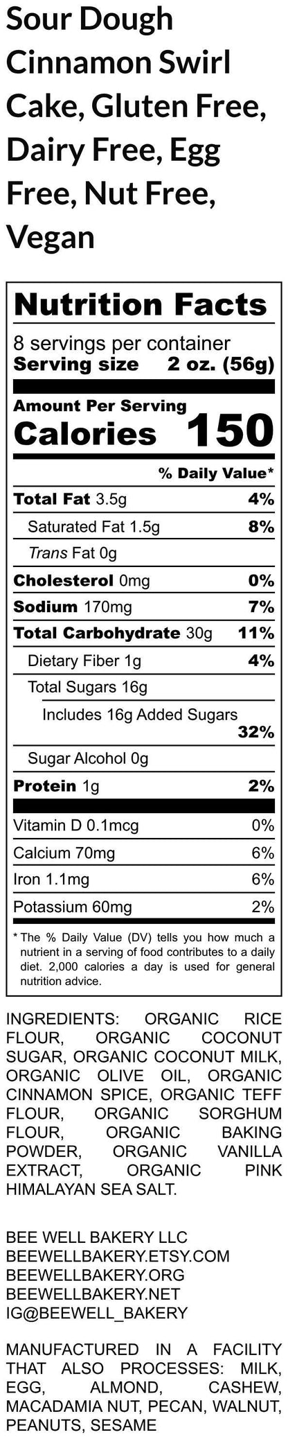 Sourdough Cake, Cinnamon Swirl, Gluten Free, Dairy Free, Egg Free, Vegan, Nut Free, Yeast Free, Birthday Gift, Holiday Dessert, Breakfast