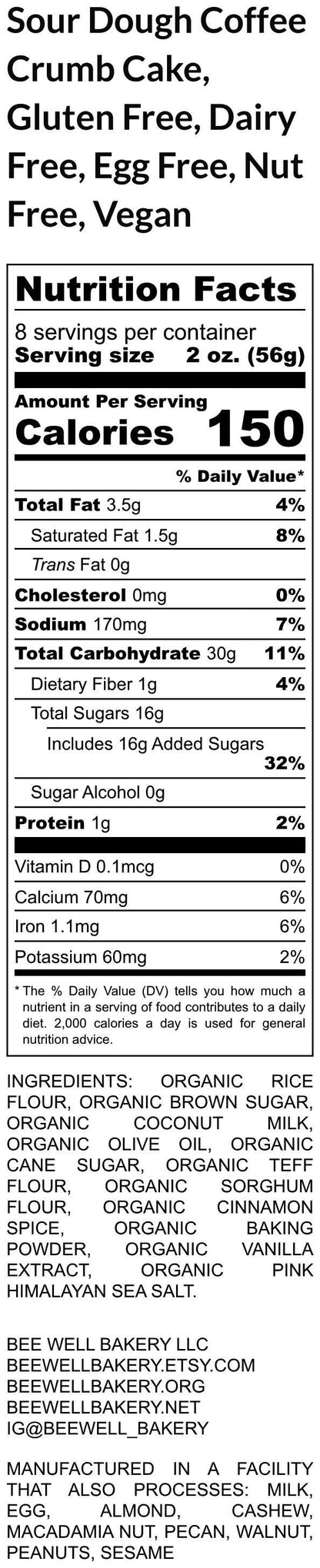 Sourdough Coffee Crumb Cake, Gluten Free, Dairy Free, Egg Free, Vegan, Nut Free, Birthday Gift, Cinnamon Swirl, Yeast Free, Holiday Dessert
