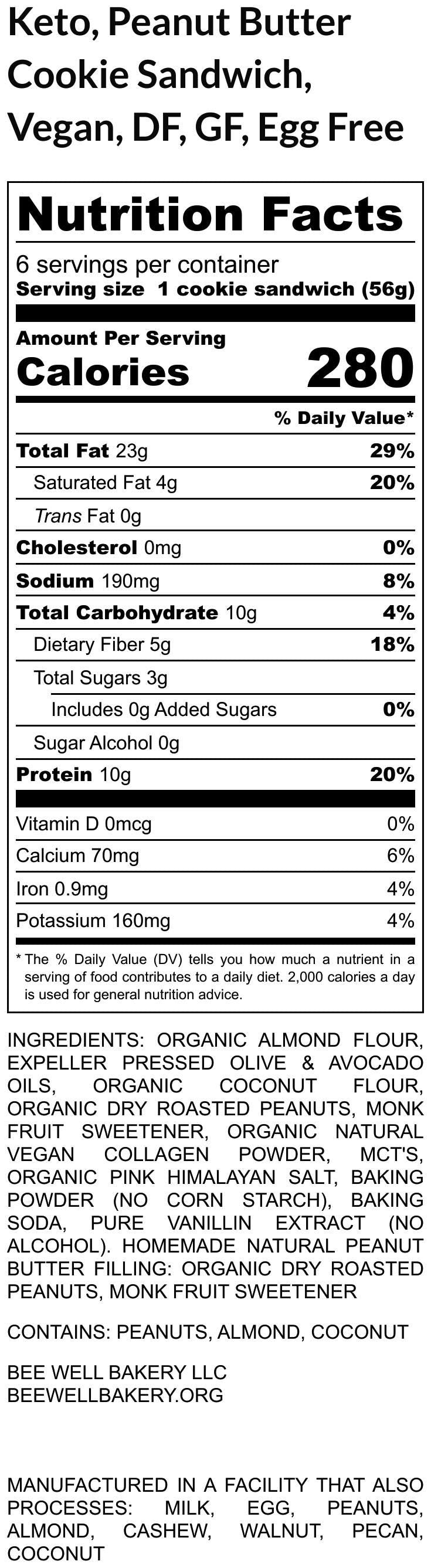 KETO Peanut Butter Cookie Sandwich: Sugar Free, Gluten Free, Low Carb, Dairy Free, Egg Free, Organic Snacks, Vegan treats, Holiday Gifts