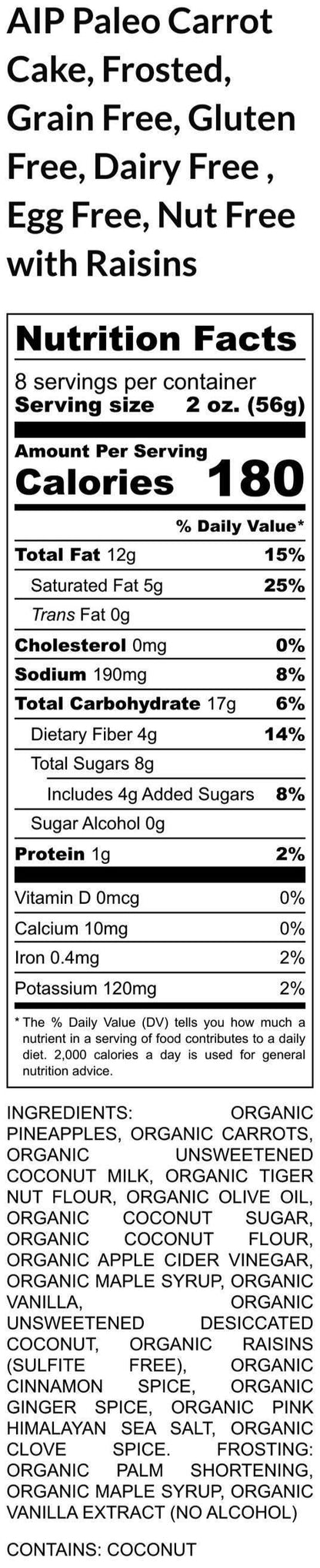 AIP Paleo Carrot Cake, Gluten Free, Grain Free, Egg Free, Dairy Free, Nut Free, Tiger Nut, Reduced Sugar snacks, Autoimmune Protocal Gifts