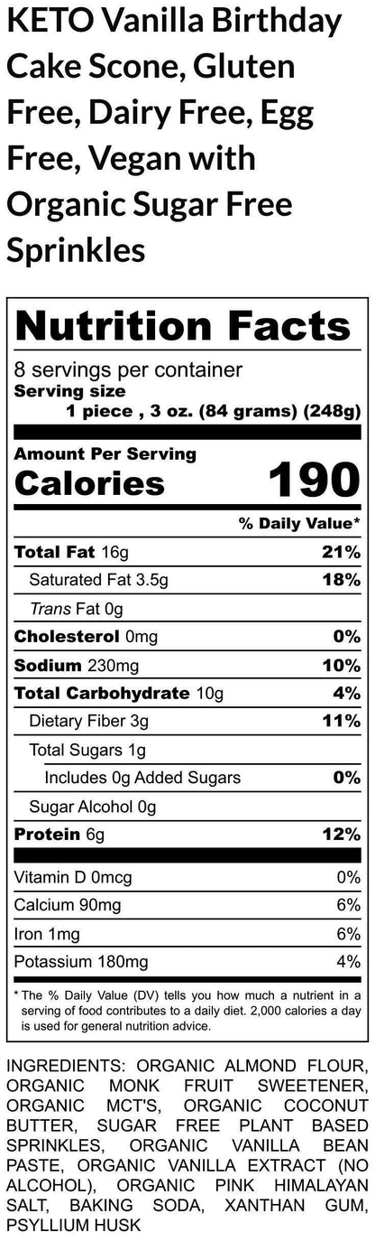 KETO Scones, Vanilla Birthday Cake, Grain Free, Gluten Free, Egg Free, Dairy Free, Sugar Free, Erythritol Free, Vegan, Low Carb Fitness Gift