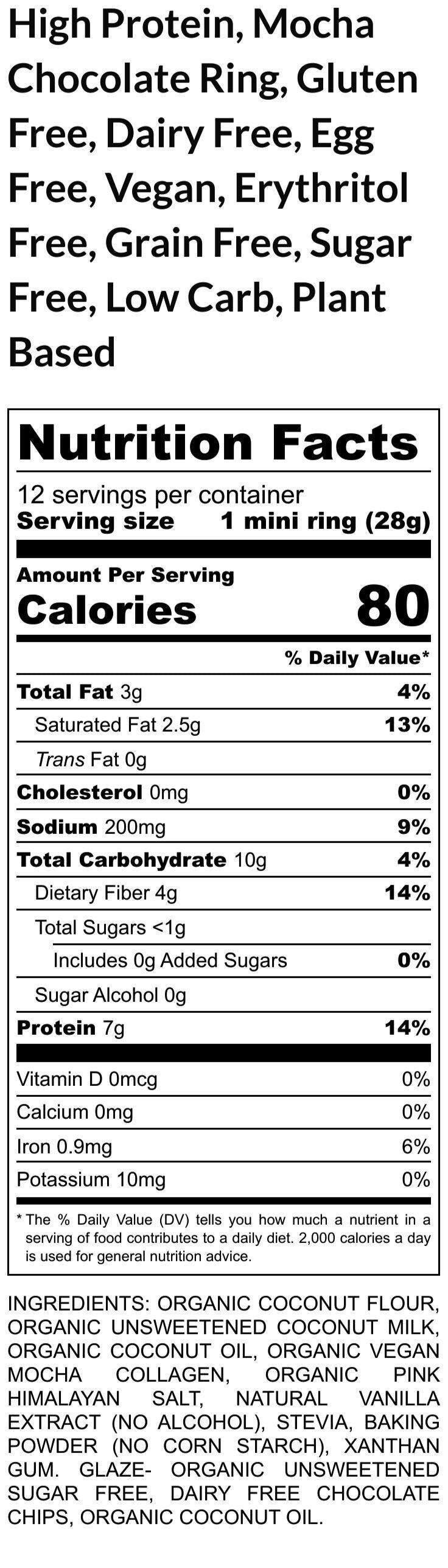 Keto Snacks, Mini Mocha Chip Donut Rings, 2 bite dessert, Gluten Free, Dairy Free, Egg Free, Vegan, High Protein, Sugar Free, Low Carb treat