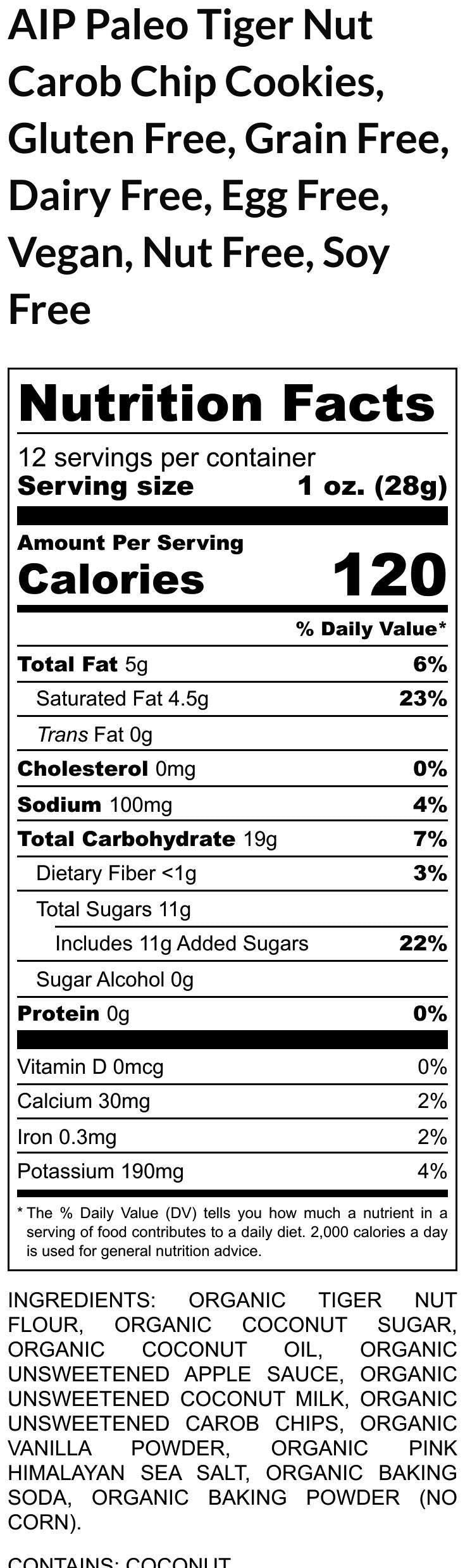 AIP Paleo, Tiger Nut, Carob Chip, Cookies, Gluten Free, Dairy Free, Egg Free, Grain Free, Autoimmune Protocol, Wellness Gift, Soft Baked