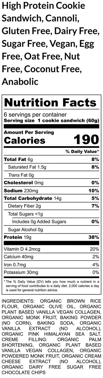 High Protein Cookie Sandwich, Cannoli, Gluten Free, Sugar Free, Dairy Free, Egg Free, Coconut Free, Vegan Collagen, Fitness Snack, Anabolic