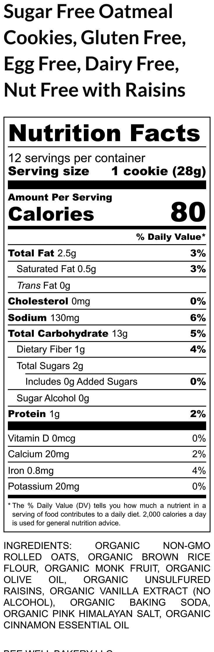 Sugar Free Oatmeal Cookies, Gluten Free, Dairy Free, Allergy Friendly Vegan Snack Gift, Nut Free, Low-Calorie Low-fat treats, school safe