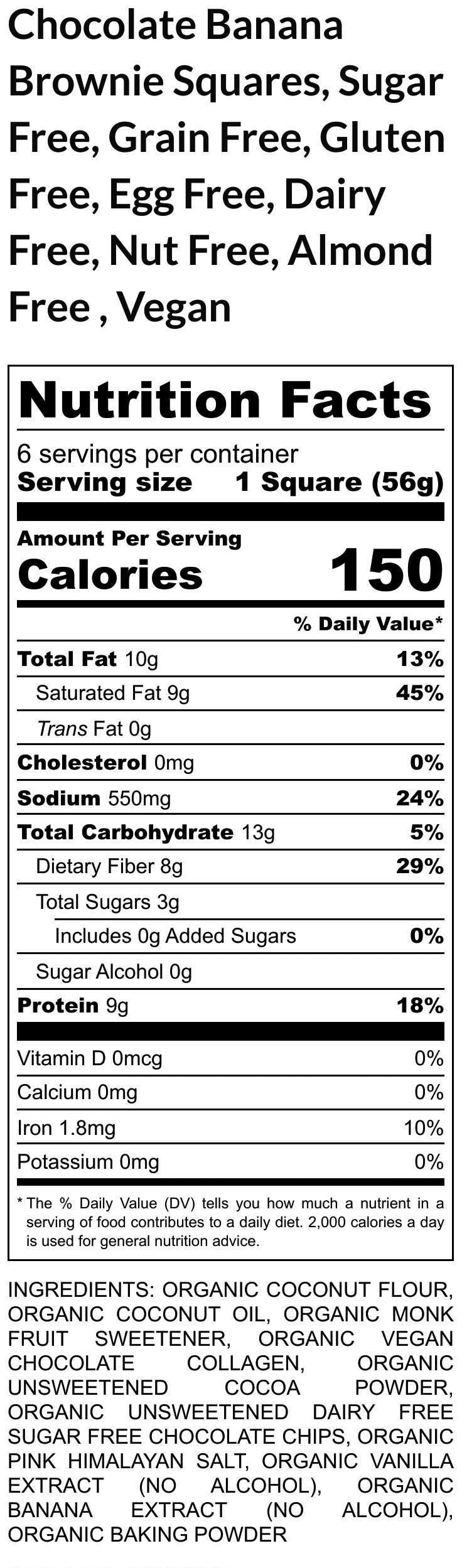Keto Brownie, Banana Chocolate Chip, Gluten Free, Dairy Free, Grain Free, Egg Free, Nut Free, Vegan, Sugar Free, Low Carb, Holiday Gifts