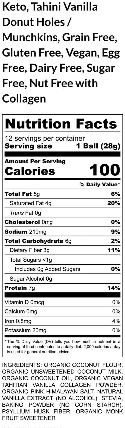 Keto, Donut Holes, Munchkin, Gluten Free, Egg Free, Dairy Free, Nut Free, Collagen, Low Carb, Vegan, Sugar Free, Almond Free, Salted Caramel