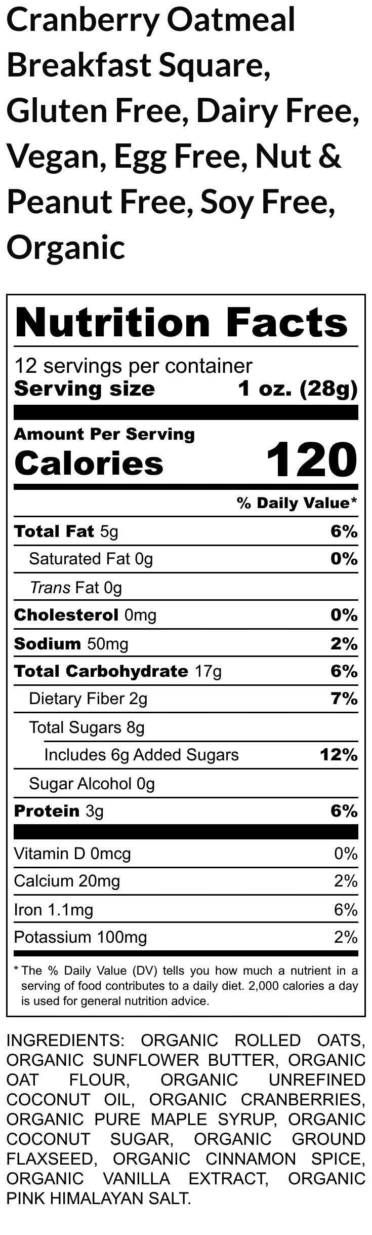 Cranberry Oatmeal Breakfast Square, Vegan, Gluten Free, Dairy Free, Allergy Friendly Snack Bar, Peanut Free Lunch Box friendly, Clean eating
