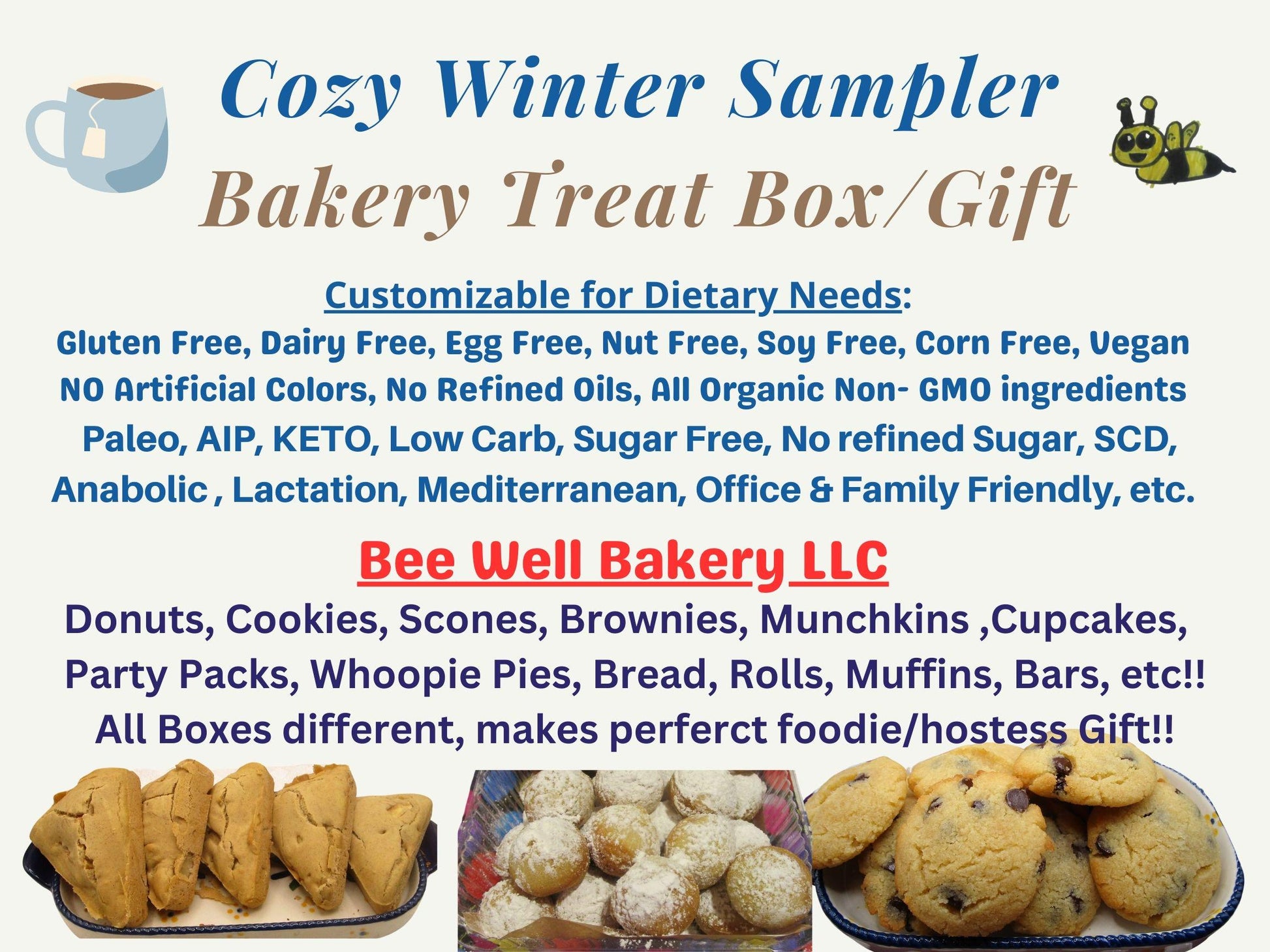 Bakery Box Sampler, Winter Wellness Gift, Customizable: Gluten Free, Dairy Free, Sugar Free, Vegan, Nut Free, Keto, AIP Paleo, High Protein